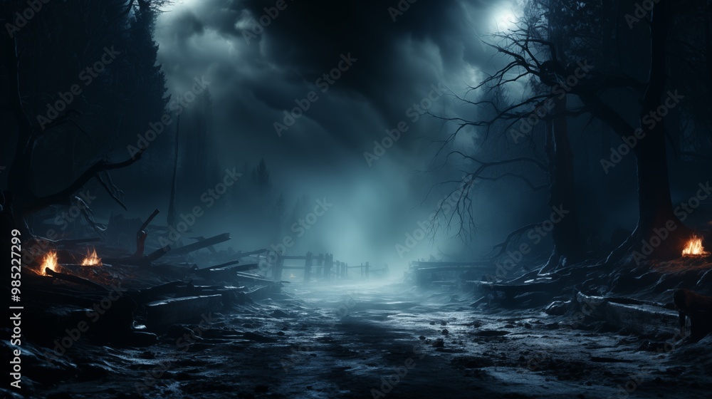 Poster fog in spooky forest at moon light on asphalt - abstract bokeh