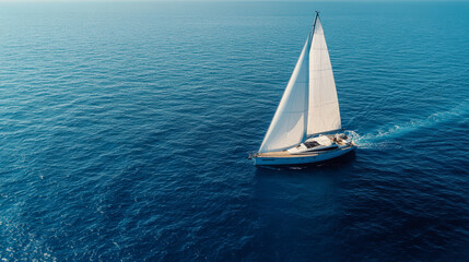 A solitary sailboat gracefully glides across the vast, calm blue ocean under a bright, clear sky, creating a serene and peaceful scene.