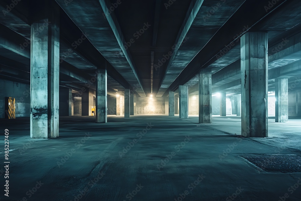 Sticker Empty underground parking garage with concrete pillars and a single light source