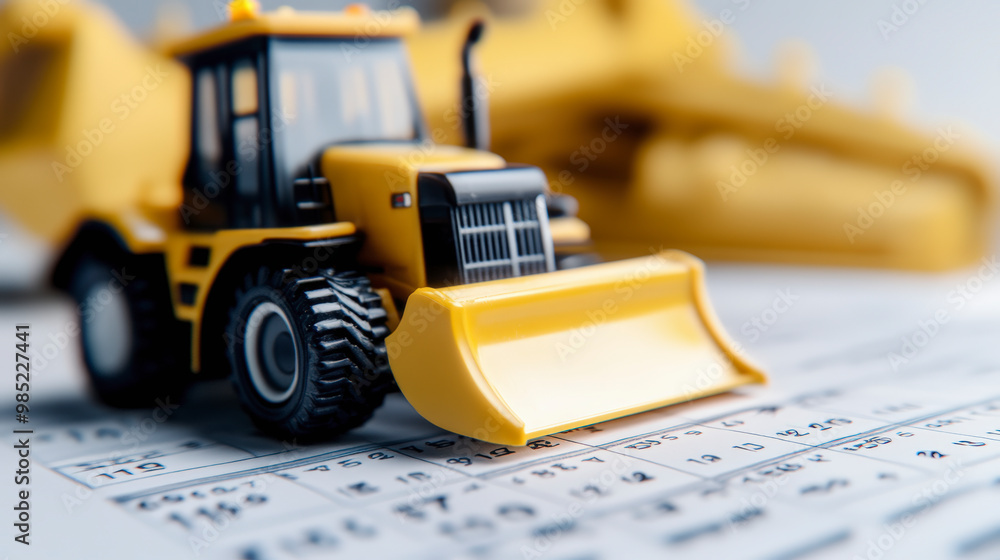 Poster a miniature yellow bulldozer model is placed on top of a calendar, blending construction themes with