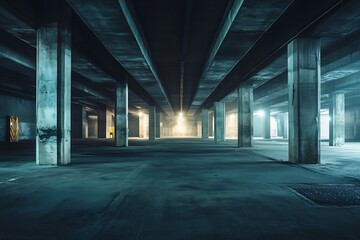 Empty underground parking garage with concrete pillars and a single light source