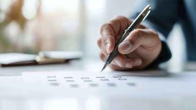A person marks a checkbox on a form with a pen, suggesting the completion of a survey or application in a professional setting.