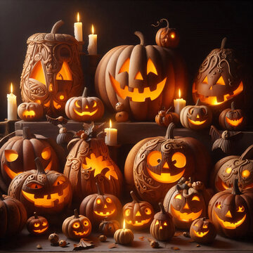 Calabazas decoradas y adornadas para Halloween, acabado artesanal, iluminadas y acomodadas en tarimas.