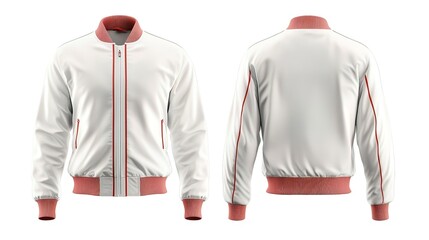 White Bomber Jacket with Red Trims, Front and Back View