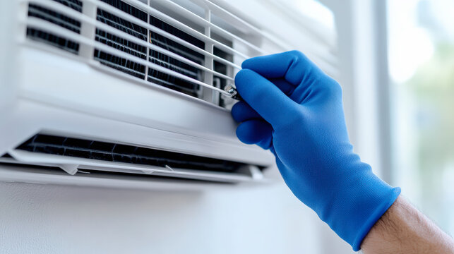 A person wearing a blue glove adjusts the settings on a white wall-mounted air conditioning unit for optimal cooling.