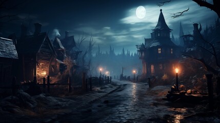 Fototapeta premium Misty Cemetery with Lights in Mystical Autumn Old Small Town 3D Art Fantasy Illustration. Spooky Huts in Ghost Village Mysterious Halloween Background. Ominous Witch Street in Oldtown