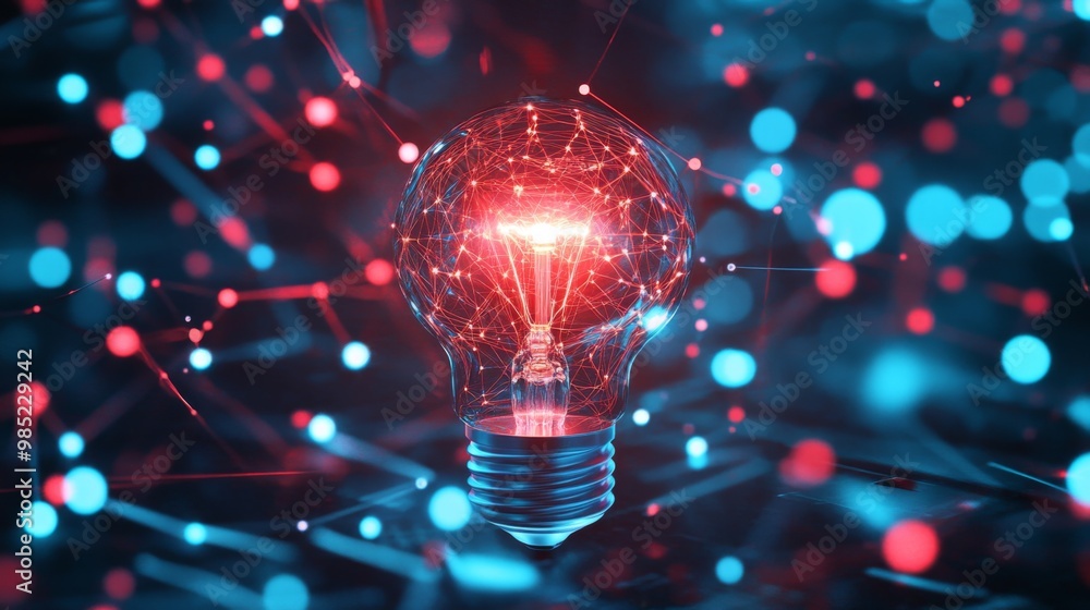 Poster a glowing light bulb with a network of red lines and blue dots surrounding it, symbolizing an idea o