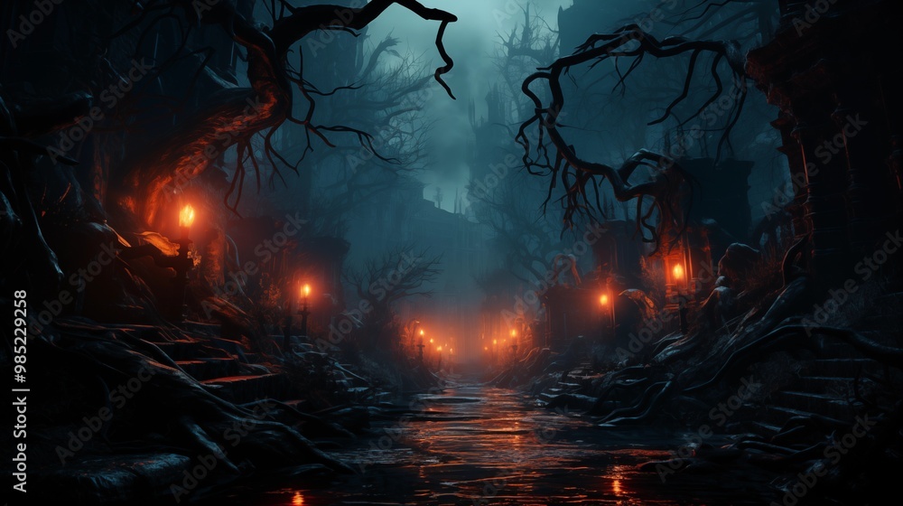 Poster mysterious forest with a moonlit path fog and a halloween backdrop hint