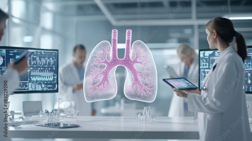 Aufkleber medical professionals analyze lung data using advanced technology in a modern lab setting, emphasizi
