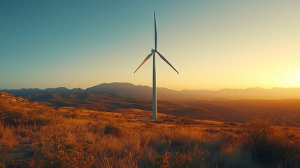 Wind Turbine Silhouette Against a Mountainous Sunset Landscape