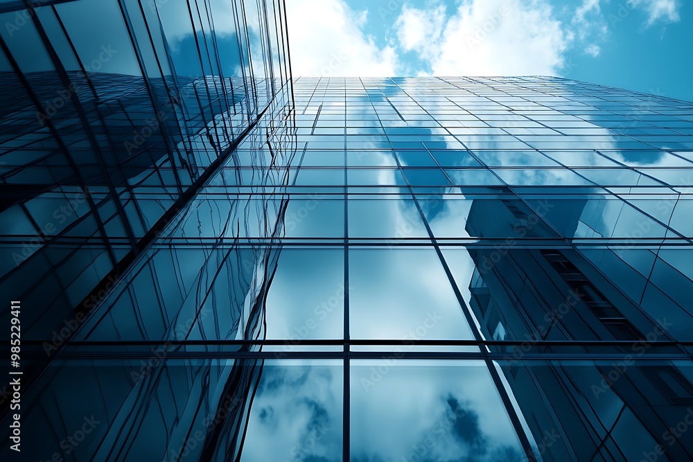 Canvas Prints Modern glass building facade with blue sky reflection, urban architecture