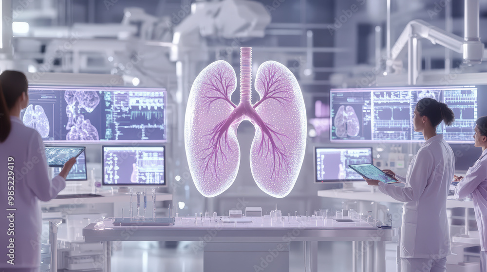 Aufkleber scientists analyze lung health data on digital screens in a cutting-edge laboratory. advanced techno