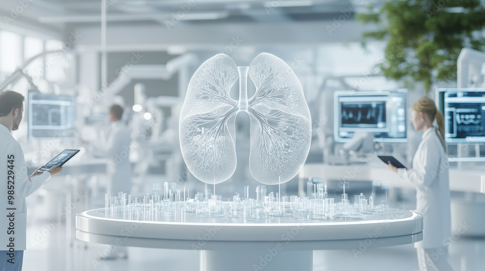 Aufkleber researchers analyze a 3d holographic model of lungs in a high-tech laboratory, using advanced tools 