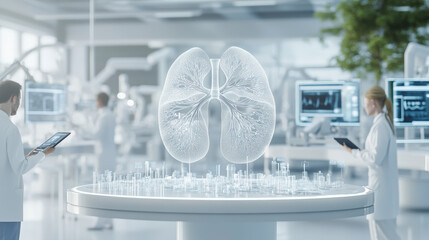 Researchers analyze a 3D holographic model of lungs in a high-tech laboratory, using advanced tools to study and innovate in medical science.
