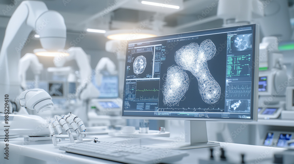 Poster cutting-edge laboratory with robotics, computer simulations, and advanced technologies engaged in sc