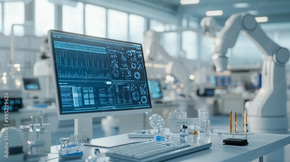 Poster a high-tech laboratory featuring a computer displaying complex data, with robotic arms and scientifi
