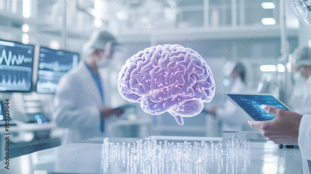 Aufkleber scientists analyze a digital hologram of a human brain in a futuristic lab, utilizing advanced techn