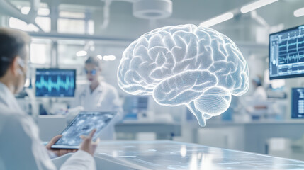Scientists study a holographic brain projection in a high-tech laboratory, using advanced technology and digital interfaces for neurological research.