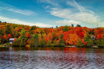 Scenic Kingsmere Lake in an autumnal setting in Fall season with full range of orange,red,yellow...