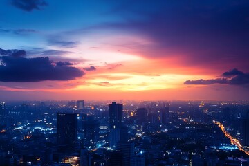 Obraz premium Vibrant Sunset Over Urban Skyline with City Lights