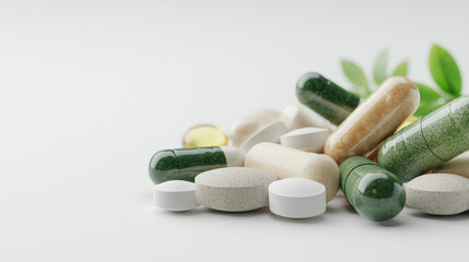 A variety of pills and capsules, likely vitamins or supplements, are scattered against a white background with some green leaves placed among them.