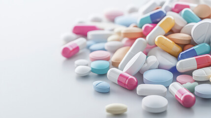 A variety of colorful pills and capsules scattered on a white surface, representing different types of medications or supplements.