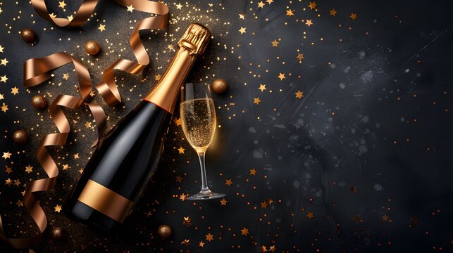 Celebration background with golden champagne bottle.