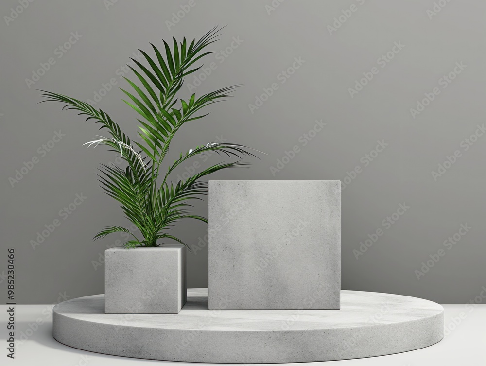 Poster grey concrete display stand podium on a flat floor. 3d illustration of a geometric shape, modern des