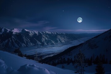 Serene mountain landscape at night. Deep blue sky with partially visible moon. Snowy mountains stretch across background, peaks shrouded in darkness. Large tree in foreground, dark silhouette
