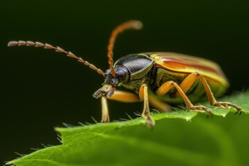 Vibrant green insect with yellow head and wings rests on a rich green leaf. Striking yellow and black body, red antennae, and whisker-like protrusions. Close-up shot from slightly elevated angle.