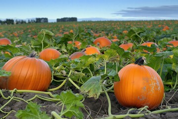 Ripe pumpkins grow in field with rich green vegetation. Orange fruit grows on vines. Harvest season coming. Pumpkins nutritious vitamin-rich vegetable. Perfect for cooking, eating. Fall season with