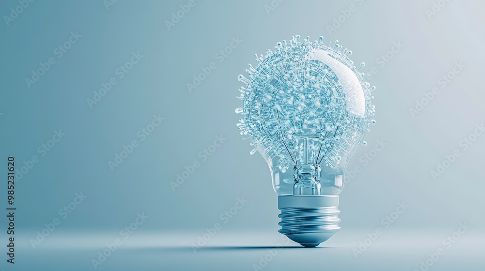 Poster a clear light bulb with intricate inner structures stands on a smooth surface against a gradient bac