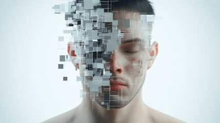 A man's face, eyes closed, partially transforming into digitized square fragments, symbolizing the connection between humanity and digital technology.