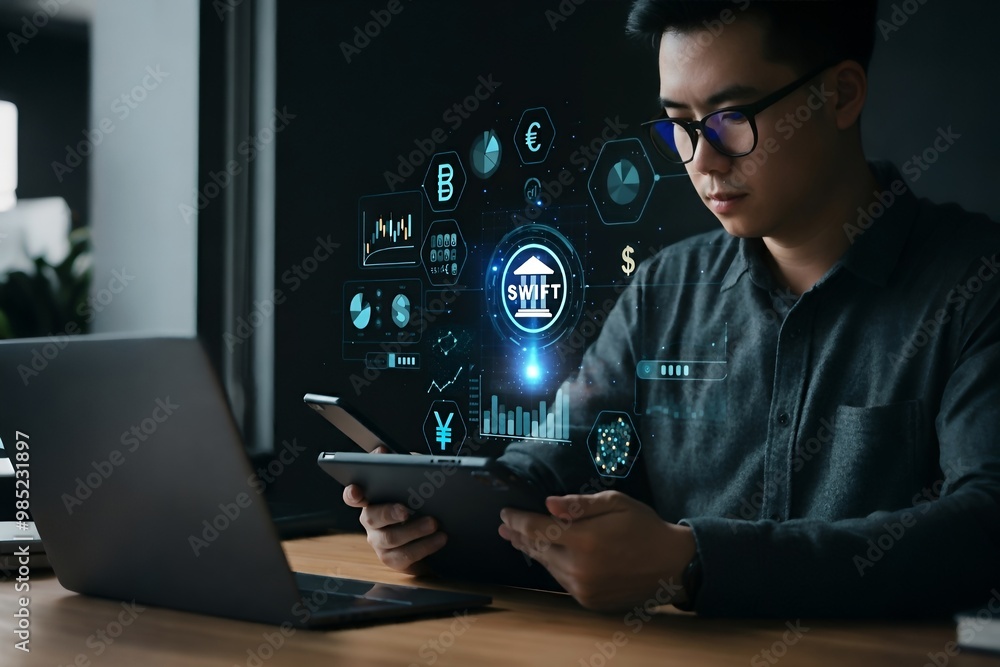 Poster a person is using a tablet and a laptop simultaneously. digital financial icons and symbols are over