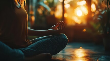 Meditation practice with a person sitting in a peaceful environment, calming style, close-up, soft lighting, sharp focus