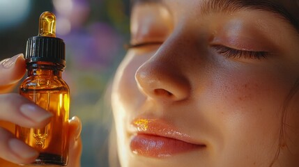 Woman holding dropper bottle with essential oil