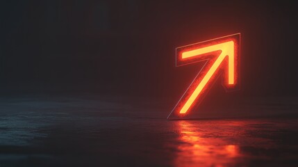 A glowing neon arrow pointing upwards in a dark, reflective environment.