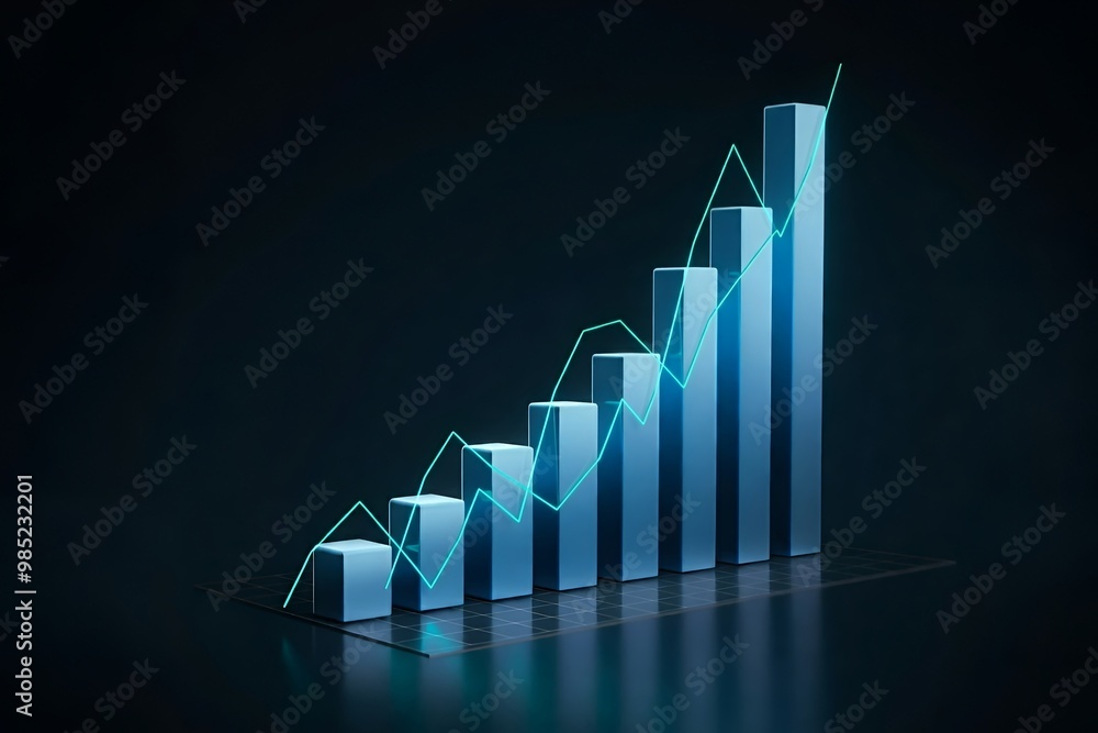 Aufkleber a digital 3d bar graph on a dark background, showing upward growth through seven ascending bars with