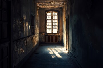 Obraz premium Light shining through a window in a dark, abandoned hallway. Concept of hope, mystery, and the past