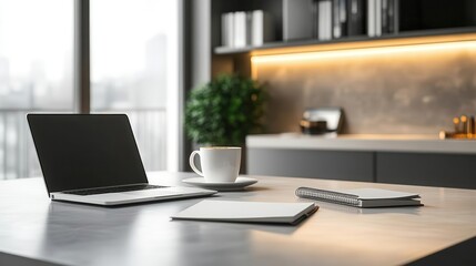 Fototapeta premium Office desk with a laptop, coffee, and notebooks, minimalist style, close-up, bright lighting, sharp focus