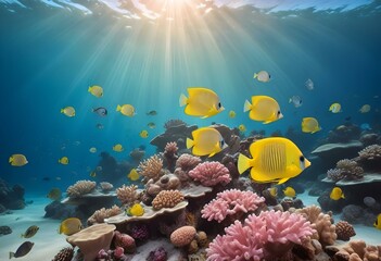 Obraz premium A vibrant underwater coral reef scene with colorful tropical fish swimming among the coral formations, with sunlight streaming down from the surface of the water