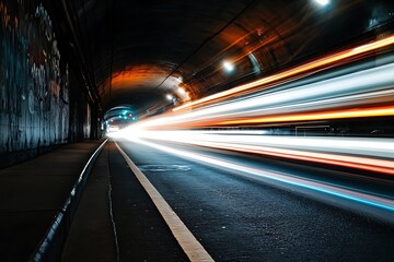 Blurred headlights of speeding car in tunnel, urban abstract background