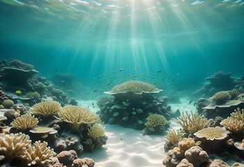 Fototapeta premium A vibrant underwater coral reef scene with colorful tropical fish swimming among the coral formations, with sunlight streaming down from the surface of the water