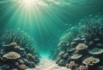 Obraz premium A vibrant underwater coral reef scene with colorful tropical fish swimming among the coral formations, with sunlight streaming down from the surface of the water