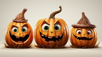 Set of four funny halloween pumpkins. Isolated on transparent background.