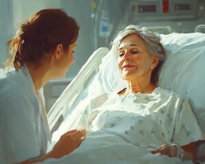 Patient care with a nurse attending to a patient in a hospital, compassionate style, sharp focus, soft lighting, high detail
