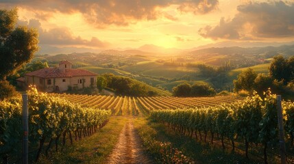 Naklejka premium Serene vineyard landscape at sunset with rolling hills and a house.