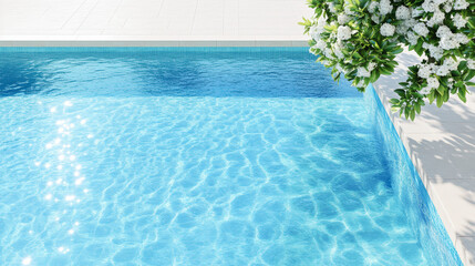 Crystal clear pool water reflects sunlight under a bright sky, bordered by tiled edges and green foliage with blooming white flowers.