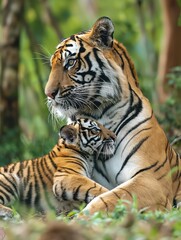 Naklejka premium Tiger plays with its cubs in a forest landscape. Vertical shot of a wild cat with its offspring. Mother tiger and her kittens play and interact. Forest background with trees and foliage.