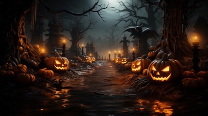 spooky halloween forest with scary black trees and pumpkins on the ground, neural network